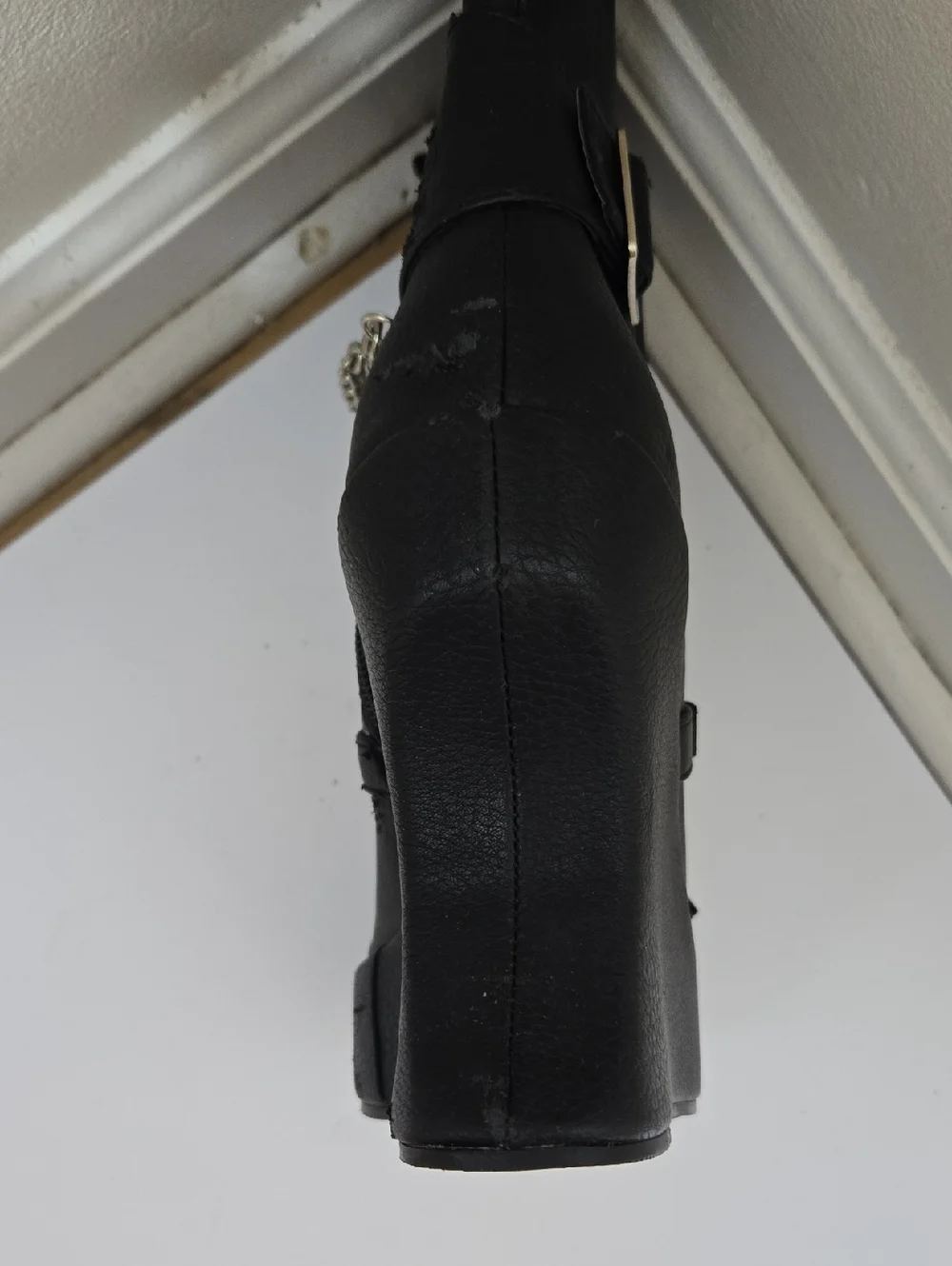 Demonia Black Peep-Toe Lace-Up Punk Wedge Boots with Chains & Studs